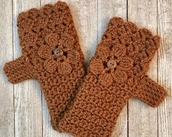 Toffee Brown Fingerless Gloves with Flower