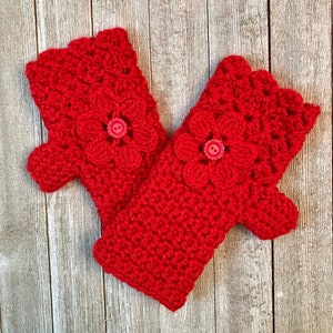 Christmas Red Fingerless Gloves with Flower