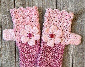 Peppermint Pink Fingerless Gloves B with Flower