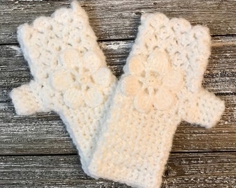 White 172-01 Fingerless Gloves with Flower