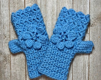 Country Blue Fingerless Gloves A with Flower