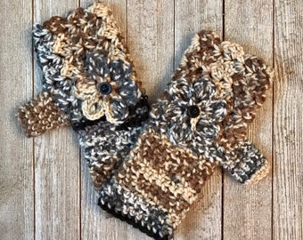 Earth Tone Stripes Fingerless Gloves with Flower