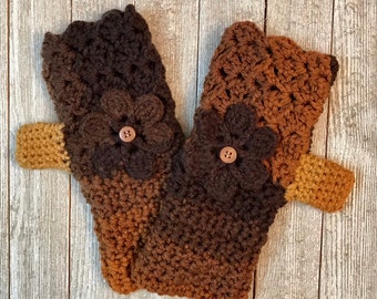 Latte Stripe Fingerless Gloves with Flower