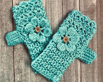 Seafoam Green Fingerless Gloves with Flower