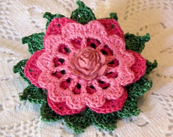 Broche Fleur Pétales Roses, Broche Fil Crochet