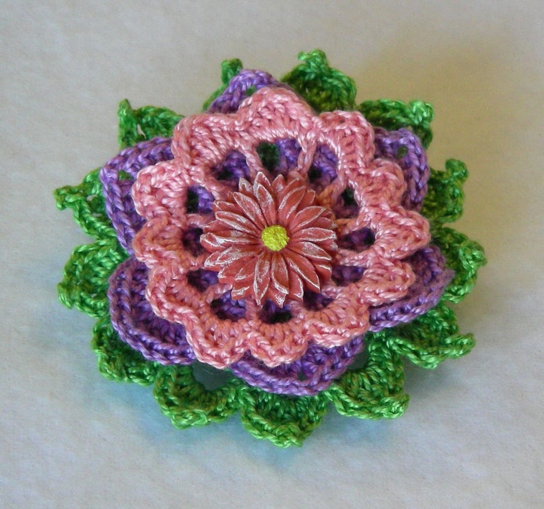 Garden Joy Crochet Flower Brooch, Crochet Thread Pin image 1