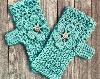 Seafoam Green Fingerless Gloves with Flower