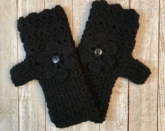 Midnight Black Fingerless Gloves with Flower