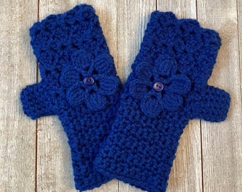 Royal Blue Fingerless Gloves with Flower