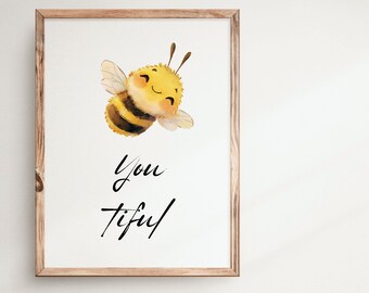 Bumblebee wall art, Bee-you-tiful, Bee art, watercolor bumblebee, Nursery animal print, Kids wall decor