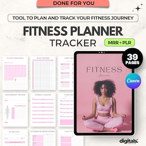 May include: A digital fitness planner and tracker with a pink and white design. The planner includes sections for tracking sleep, workouts, and measurements. The image also features a woman in pink activewear meditating. The planner has 39 pages.
