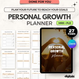 May include: A digital personal growth planner with 27 pages, designed to help plan goals. The planner includes sections for goal reflection, review, and action planning. The image also includes the text "Done For You" and "Plan Your Future to Reach Your Goals."