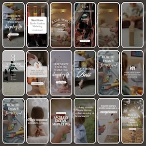 May include: A collage of 12 Instagram story templates for faceless marketing. The templates feature text overlays with tips and advice on how to build a successful faceless brand, escape the 9-to-5 grind, and make reels like a pro.