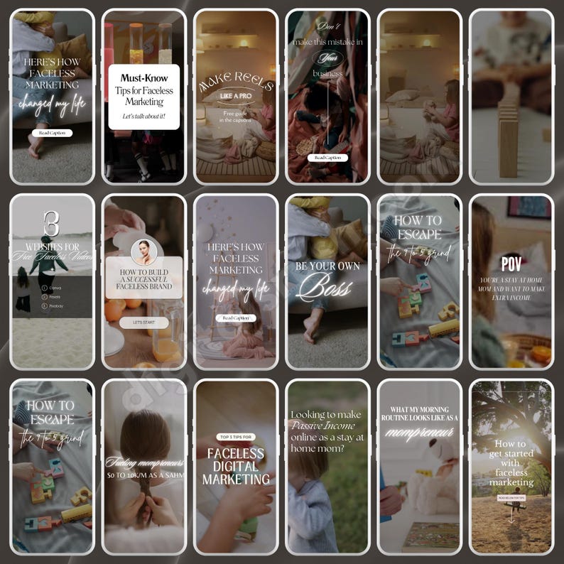 May include: A collage of 12 Instagram story templates for faceless marketing. The templates feature text overlays with tips and advice on how to build a successful faceless brand, escape the 9-to-5 grind, and make reels like a pro.