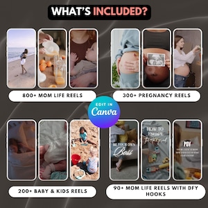 May include: A collage of images showing different types of reels for social media. The reels include images of moms, babies, kids, and pregnant women. The text on the images includes "Mom Life Reels", "Pregnancy Reels", "Baby & Kids Reels", "Mom Life Reels with DFY Hooks", and "Be Your Own Boss".