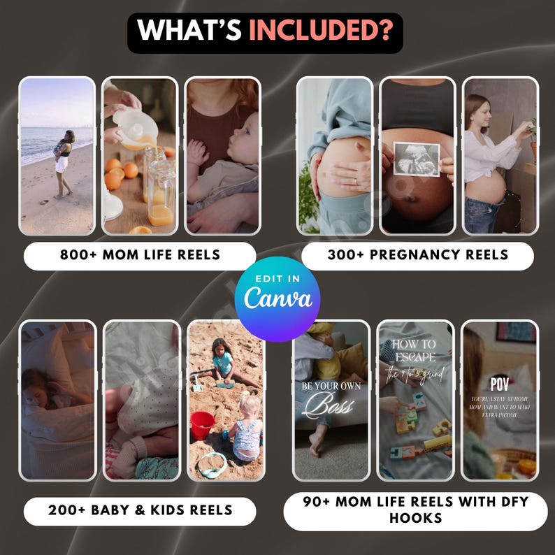 May include: A collage of images showing different types of reels for social media. The reels include images of moms, babies, kids, and pregnant women. The text on the images includes "Mom Life Reels", "Pregnancy Reels", "Baby & Kids Reels", "Mom Life Reels with DFY Hooks", and "Be Your Own Boss".