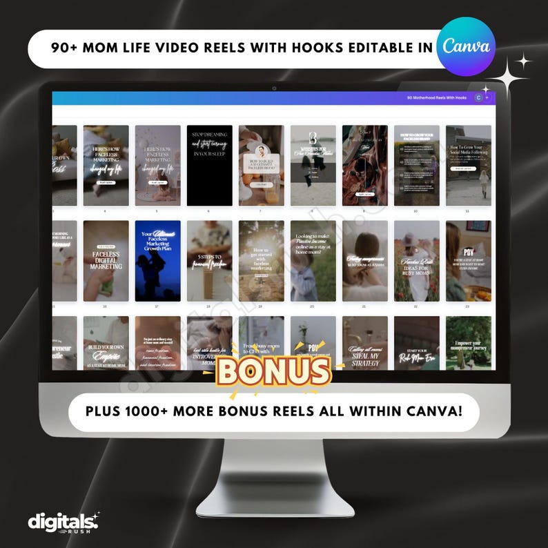 May include: A computer screen displaying a collection of 90+ mom life video reels with hooks, editable in Canva. The reels feature various topics, including digital marketing, personal growth, and parenting. The text "PLUS 1000+ MORE BONUS REELS ALL WITHIN CANVA!" is displayed at the bottom of the screen.