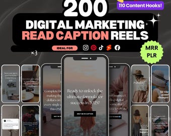 200 Digital Marketing Reels, Read Caption Hooks, Canva Templates (MRR PLR)