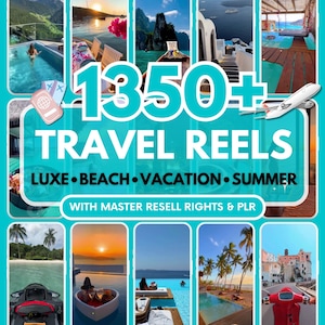Mais de 1350 vídeos de viagens de luxo para praias, conteúdo para redes sociais e PLR (Produtos de Revenda com Recompensas Mínimas).