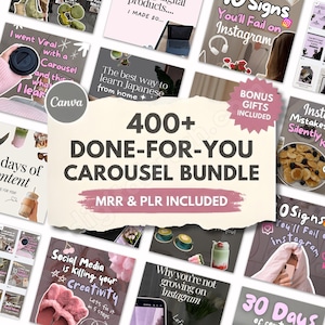 Könnte beinhalten: Eine Sammlung von Social-Media-Marketing-Grafiken. Das zentrale Bild zeigt "400+ DONE-FOR-YOU CAROUSEL BUNDLE" mit "MRR & PLR INCLUDED" darunter. Umgebende Bilder enthalten Texte wie "10 Signs You'll Fail on Instagram" und "Social Media is killing your creativity".