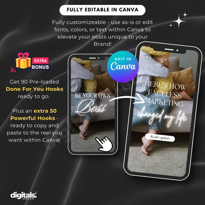 May include: A digital marketing reel template with a couple sitting on a couch. The text on the reel says "Here's how faceless marketing changed my life". The template is fully customizable in Canva and includes 90 pre-loaded hooks and 50 powerful hooks.