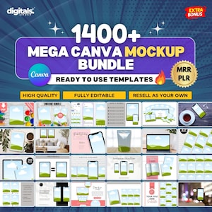 May include: A collage of 1400+ Canva mockups, featuring various templates for phone, laptop, and tablet screens. The mockups are ready to use and fully editable. The text "MRR PLR" is visible in a gold star shape.