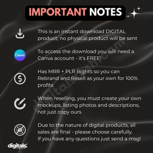 May include: A black and white graphic with important notes about a digital product. The notes include information about instant download, Canva account access, MRR + PLR rights, reselling, and final sales.