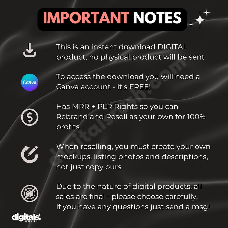 May include: A black and white graphic with important notes about a digital product. The notes include information about instant download, Canva account access, MRR + PLR rights, reselling, and final sales.