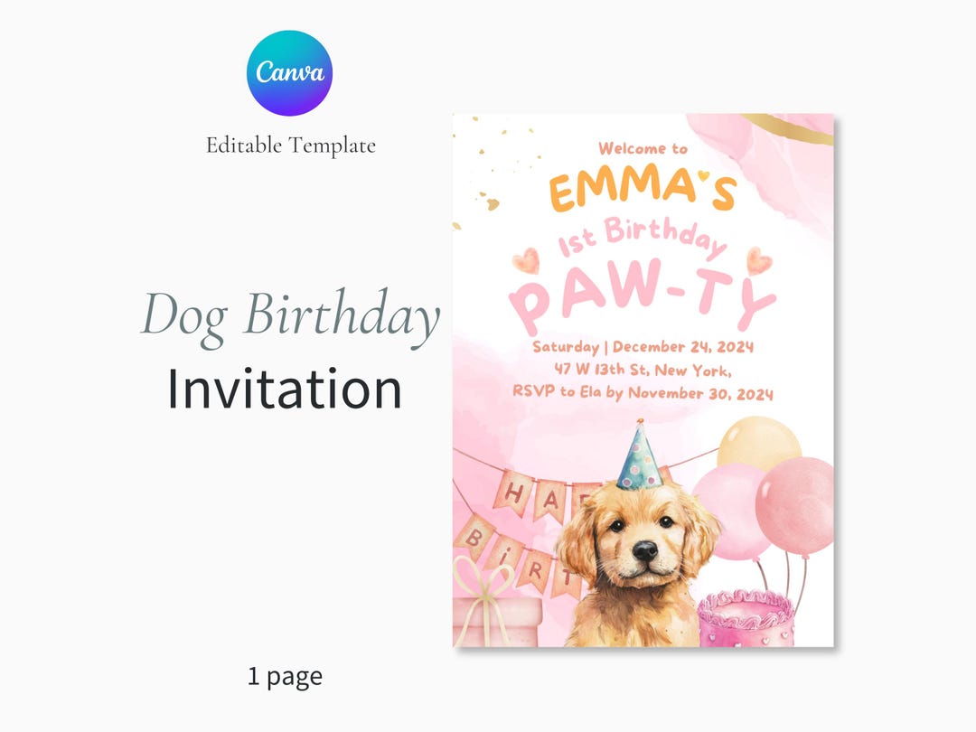 Dog Birthday Invitation: Editable Puppy Party Template (canva) - Etsy