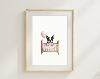 Boston Terrier Puppy Nursery Print: Pink Room Dog Wall Art (Digital Download)