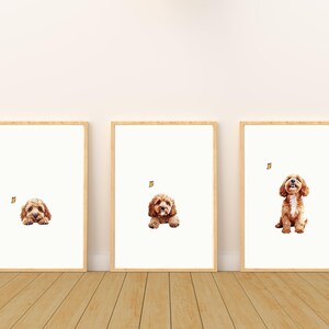 May include: Three framed prints of a brown and white dog with a butterfly. The dog is in different poses in each print.