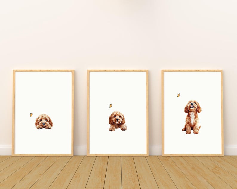 May include: Three framed prints of a brown and white dog with a butterfly. The dog is in different poses in each print.