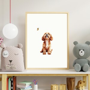 May include: A framed print of a brown and white dog looking up at a butterfly. The dog is sitting on a white background.
