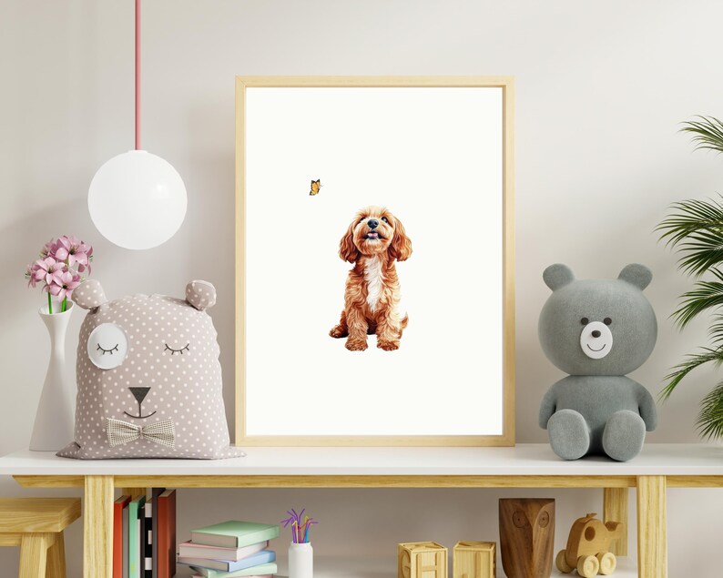 May include: A framed print of a brown and white dog looking up at a butterfly. The dog is sitting on a white background.