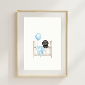 Puppy kwekerij print hond kunst aan de muur zwarte Goldendoodle hond print voor babyjongen blauwe kamer kwekerij muur kunst afdrukbare muur kunst cadeau voor hondenliefhebber