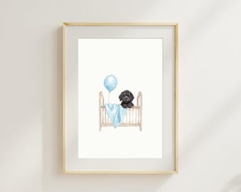 Estampa para quarto de filhote de cachorro Goldendoodle: decoração azul para quarto de bebê (download digital)