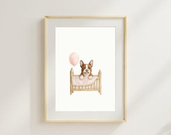 Boston Terrier Puppy Nursery Print: Pink Room Dog Wall Art (Digital Download)