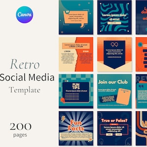 May include: A collection of 200 retro social media templates in various colors and designs. The templates feature text boxes, graphics, and different layouts. The text includes "Fun Tips", "Join our Club", "True or False?", "We're open", and "Review".