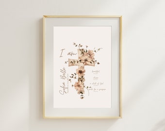 Personalized Baby Girl Baptism Print: Floral Cross Nursery Decor (Digital Download)