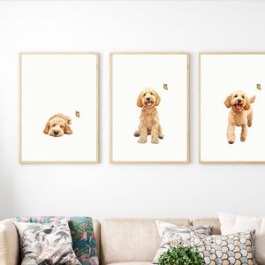 May include: Three framed prints of a golden doodle dog. The dog is shown in three different poses: sleeping, sitting, and running. Each print features a small butterfly.