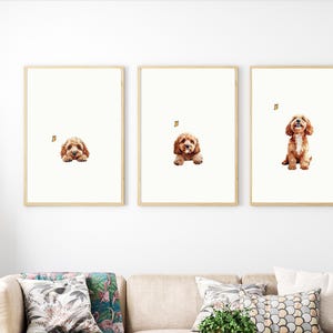 May include: Three framed prints of a brown and white dog with a butterfly. The dog is looking up in the first print, lying down in the second print, and sitting up in the third print.