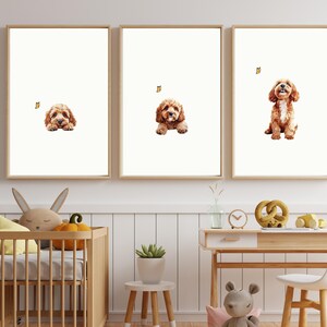 May include: Three framed prints of a brown and white dog with a butterfly. The dog is in different poses in each print. The prints are on a white wall.
