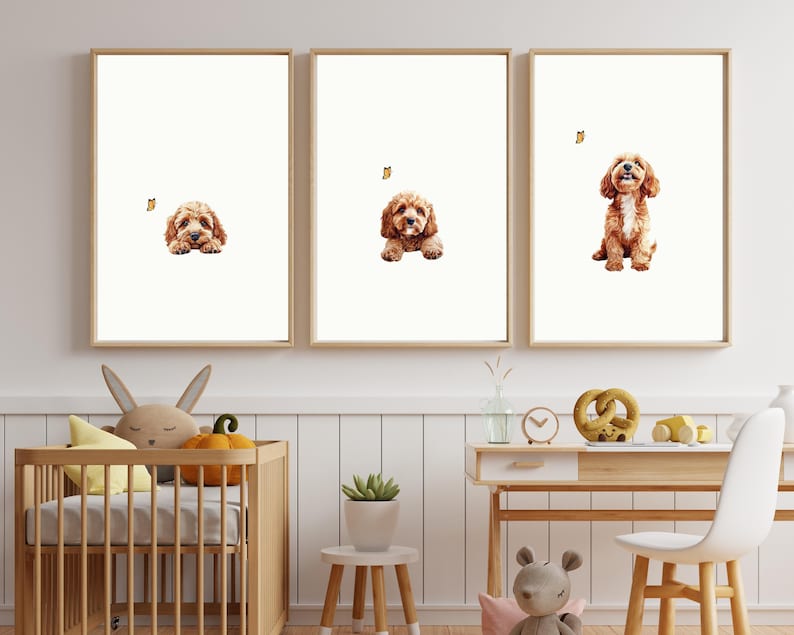 May include: Three framed prints of a brown and white dog with a butterfly. The dog is in different poses in each print. The prints are on a white wall.