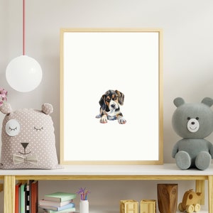 May include: A watercolour painting of a beagle puppy lying down with its head tilted to the side. The puppy is brown, black, and white.