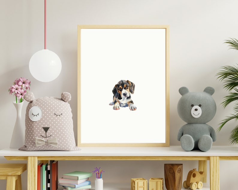 May include: A watercolour painting of a beagle puppy lying down with its head tilted to the side. The puppy is brown, black, and white.