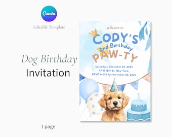 Puppy Birthday Invitation | Dog Party, Blue Design (Editable Canva Template)