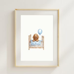 Impresión de guardería de cachorros, arte de pared de perro, impresión de perro Goldendoodle para habitación de bebé azul, arte de pared de guardería imprimible, regalo de arte de pared para amantes de los perros