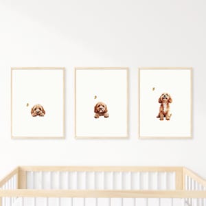 May include: Three framed prints of a brown and white dog in different poses. The dog is looking at a butterfly in each print. The prints are on a white wall above a wooden crib.