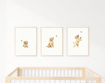 Estampas de filhotes de Golden Retriever: Conjunto de 3 artes de parede para berçário (download digital)