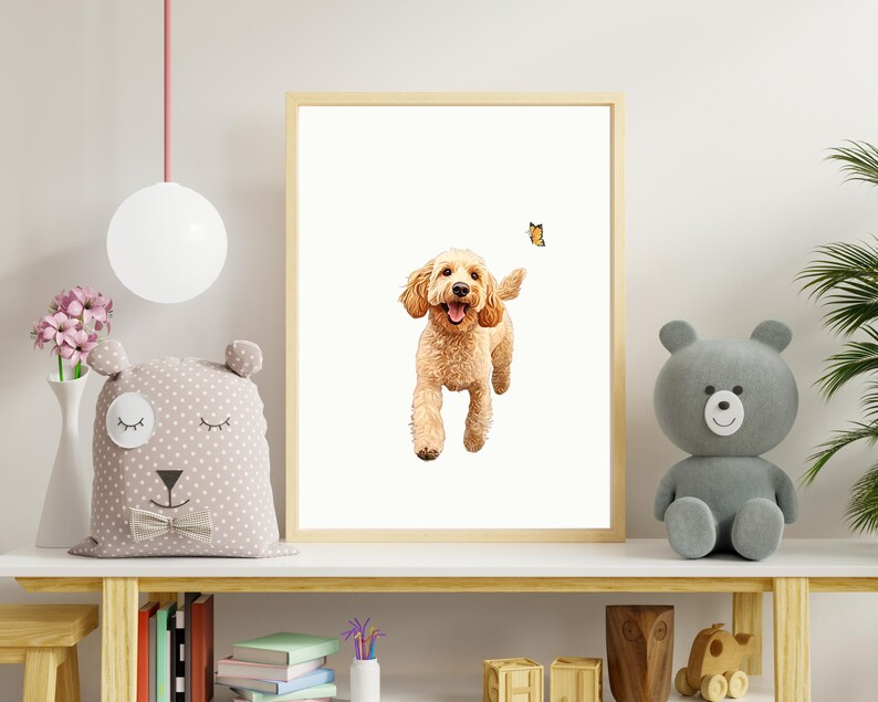 May include: A framed print of a golden doodle dog running towards a butterfly. The dog is smiling and has a white background.